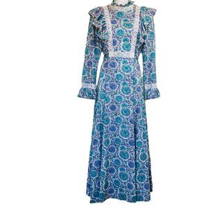 Vintage Long Sleeve Maxi Dress 1970s Peasant Style Blue/Purple Floral Print